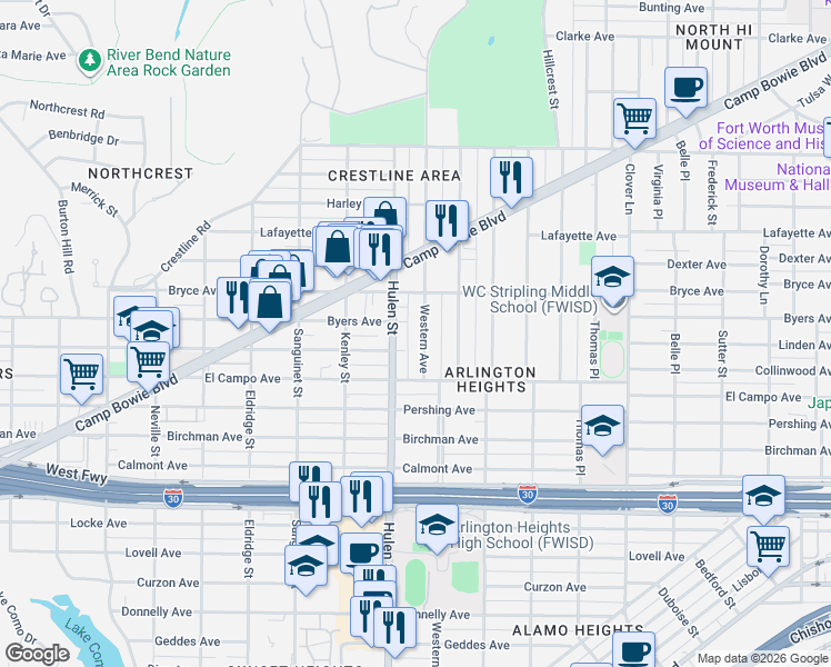 map of restaurants, bars, coffee shops, grocery stores, and more near 4537 Collinwood Avenue in Fort Worth