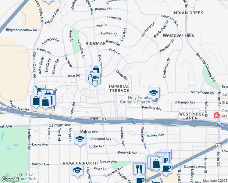 map of restaurants, bars, coffee shops, grocery stores, and more near 6335 Plaza Parkway in Fort Worth