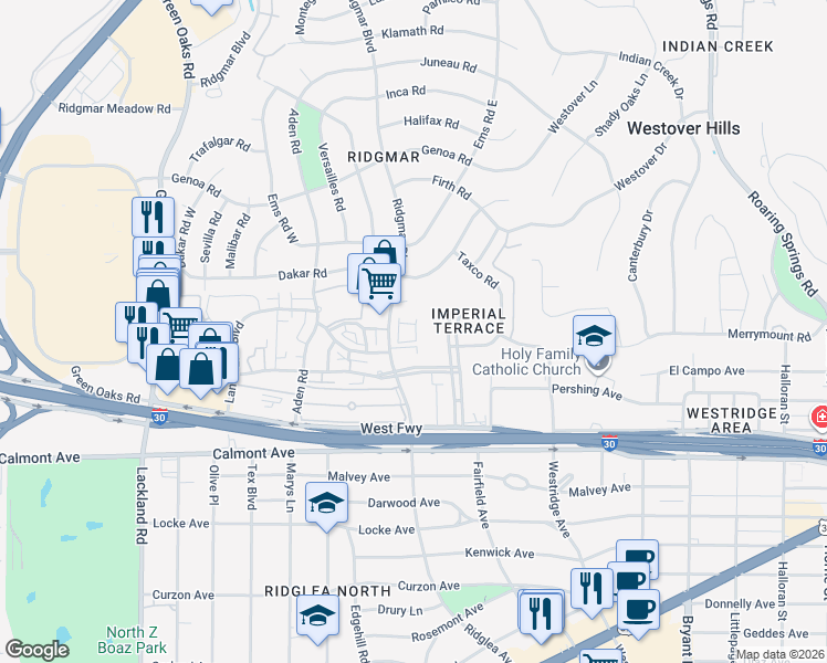 map of restaurants, bars, coffee shops, grocery stores, and more near 2324 Ridgmar Plaza in Fort Worth
