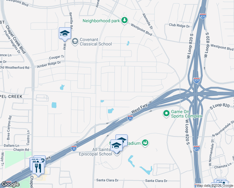 map of restaurants, bars, coffee shops, grocery stores, and more near 9600 West Freeway in Fort Worth