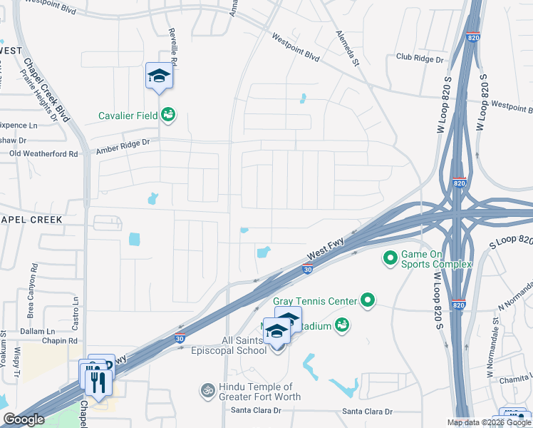 map of restaurants, bars, coffee shops, grocery stores, and more near 9600 West Freeway in Fort Worth