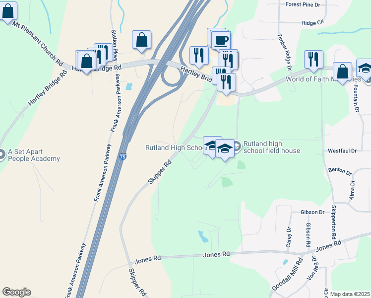 map of restaurants, bars, coffee shops, grocery stores, and more near 6260 Skipper Road in Macon