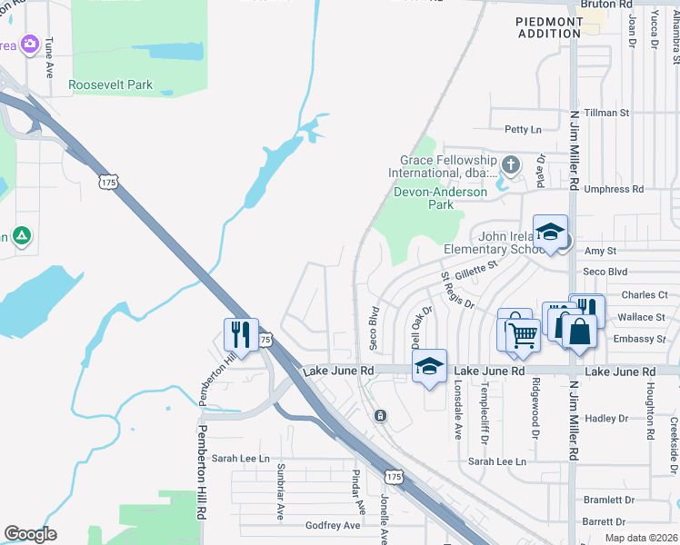 map of restaurants, bars, coffee shops, grocery stores, and more near 6336 Honey Locust Drive in Dallas