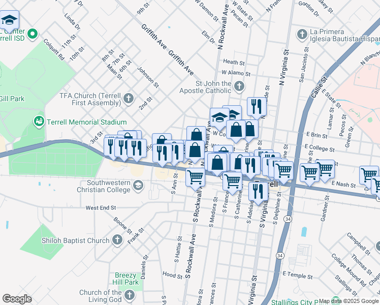 map of restaurants, bars, coffee shops, grocery stores, and more near 103 North Hattie Street in Terrell