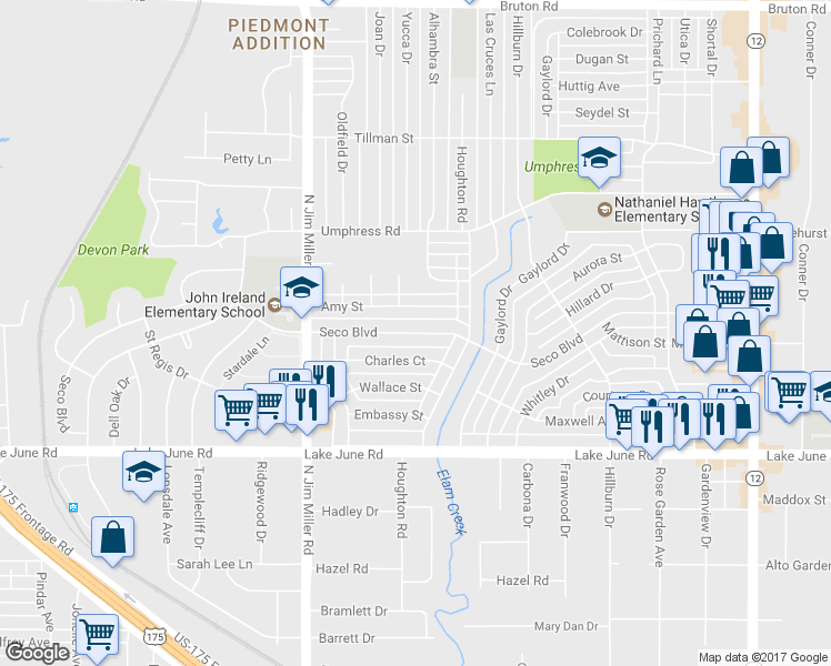 map of restaurants, bars, coffee shops, grocery stores, and more near 7308 Seco Boulevard in Dallas