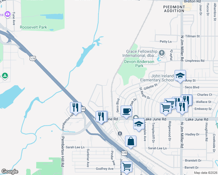 map of restaurants, bars, coffee shops, grocery stores, and more near 6336 Honey Locust Drive in Dallas