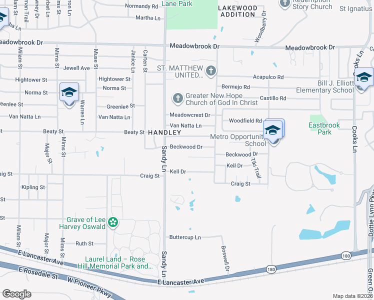 map of restaurants, bars, coffee shops, grocery stores, and more near 7428 Beckwood Drive in Fort Worth