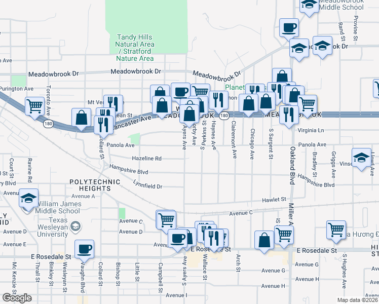 map of restaurants, bars, coffee shops, grocery stores, and more near 703 South Ayers Avenue in Fort Worth