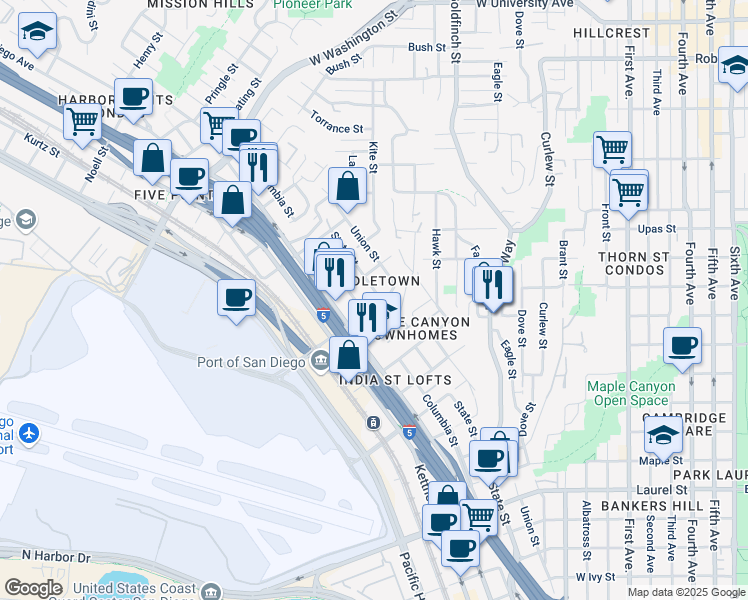 map of restaurants, bars, coffee shops, grocery stores, and more near 1306 Sassafras Street in San Diego