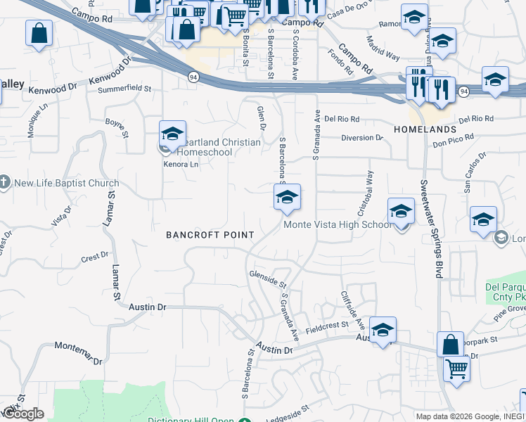 map of restaurants, bars, coffee shops, grocery stores, and more near 3118 South Barcelona Street in Spring Valley