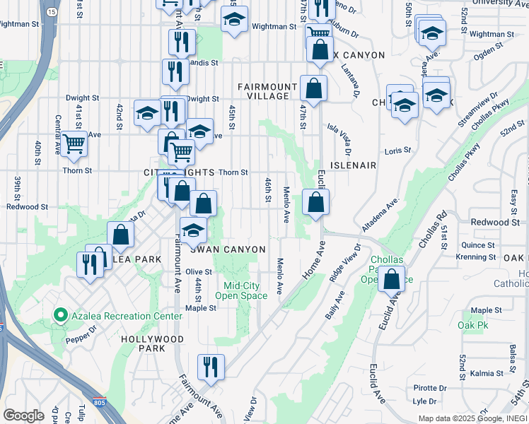 map of restaurants, bars, coffee shops, grocery stores, and more near 3028-30 46th Street in San Diego