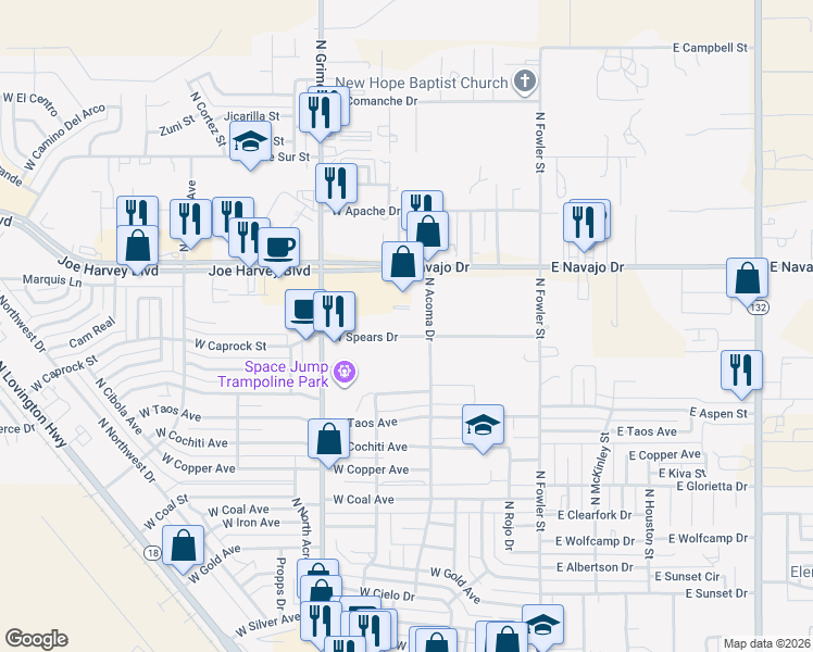 map of restaurants, bars, coffee shops, grocery stores, and more near 500 West Spears Drive in Hobbs