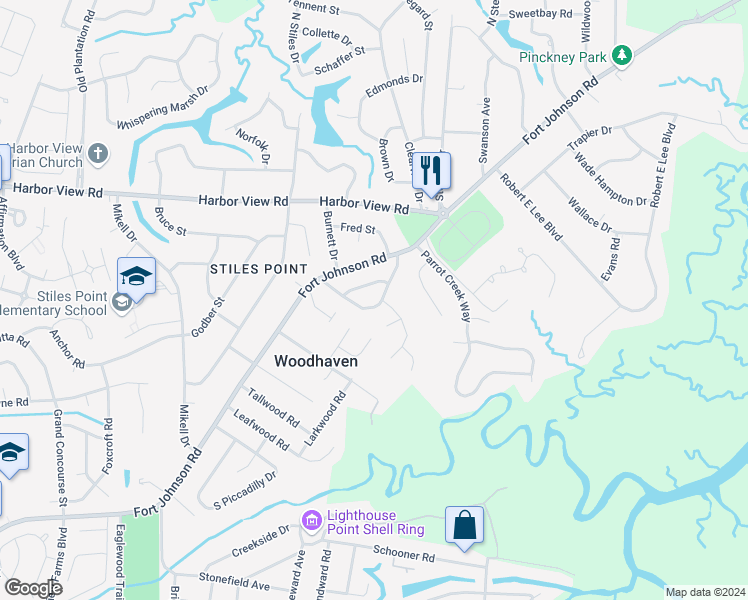 map of restaurants, bars, coffee shops, grocery stores, and more near 658 Highwood Circle in Charleston