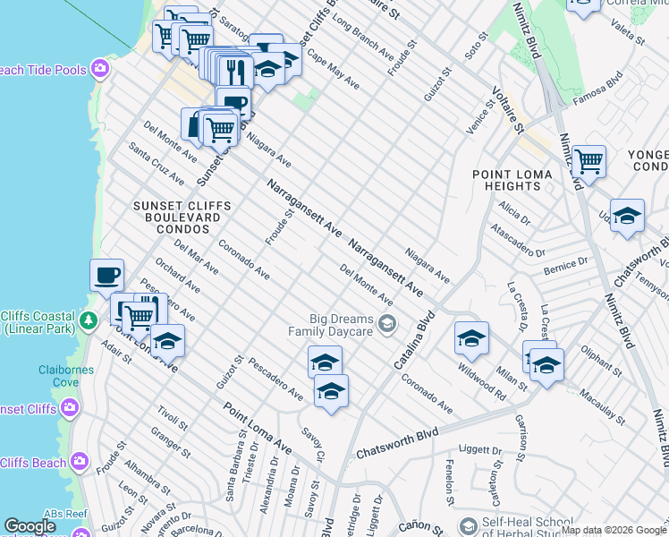 map of restaurants, bars, coffee shops, grocery stores, and more near 4443 Del Monte Avenue in San Diego