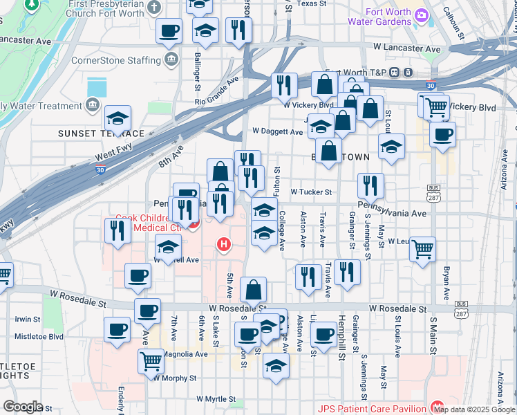 map of restaurants, bars, coffee shops, grocery stores, and more near 1100 Pennsylvania Avenue in Fort Worth