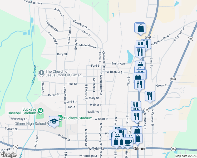 map of restaurants, bars, coffee shops, grocery stores, and more near 1109 North Montgomery Street in Gilmer