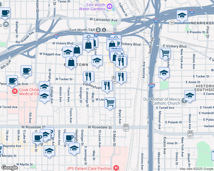 map of restaurants, bars, coffee shops, grocery stores, and more near 609 Galveston Avenue in Fort Worth