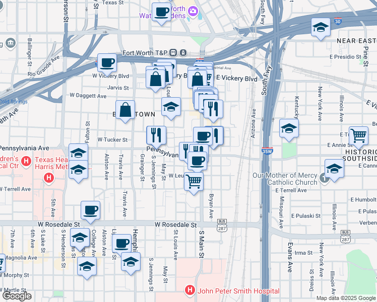 map of restaurants, bars, coffee shops, grocery stores, and more near 609 Galveston Avenue in Fort Worth