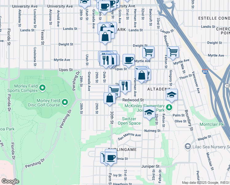map of restaurants, bars, coffee shops, grocery stores, and more near 3005 Thorn Street in San Diego