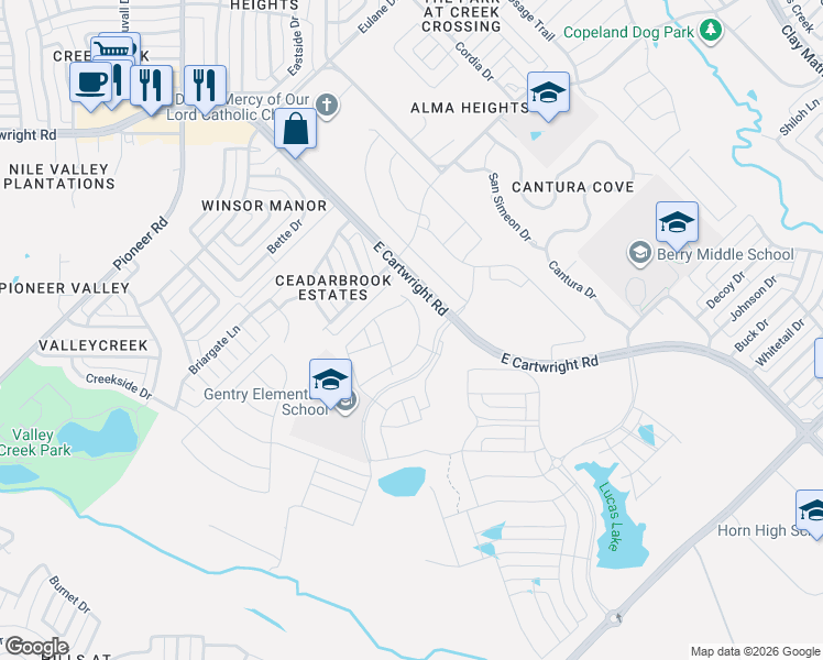 map of restaurants, bars, coffee shops, grocery stores, and more near 1706 East Cartwright Road in Mesquite