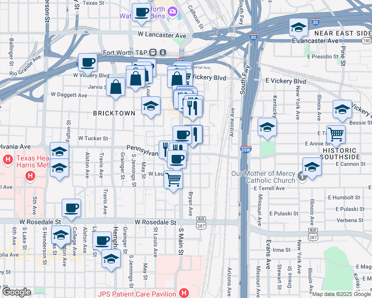 map of restaurants, bars, coffee shops, grocery stores, and more near in Fort Worth