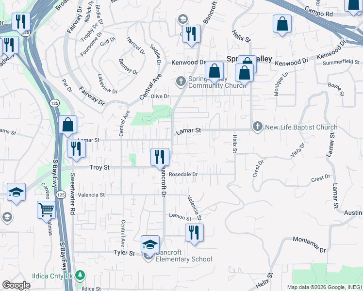 map of restaurants, bars, coffee shops, grocery stores, and more near 9033 Lamar Street in Spring Valley