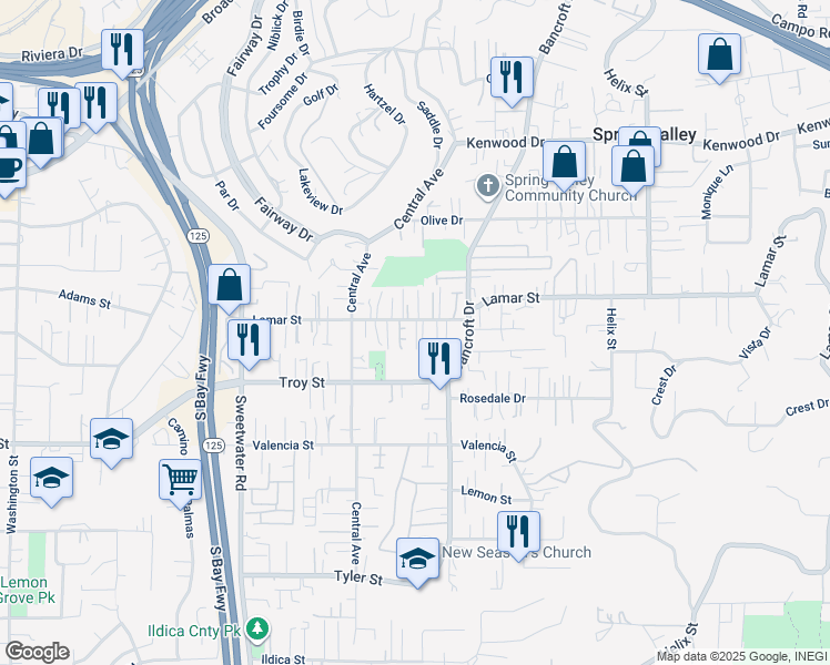 map of restaurants, bars, coffee shops, grocery stores, and more near 8930 Lamar Street in Spring Valley