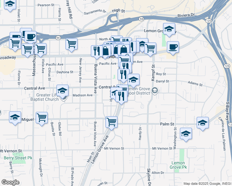 map of restaurants, bars, coffee shops, grocery stores, and more near 3050 Main Street in Lemon Grove