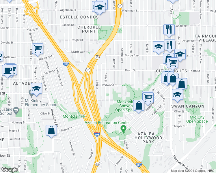 map of restaurants, bars, coffee shops, grocery stores, and more near 3122 39th Street in San Diego