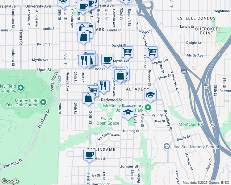 map of restaurants, bars, coffee shops, grocery stores, and more near 3245 Herman Avenue in San Diego