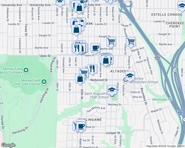 map of restaurants, bars, coffee shops, grocery stores, and more near 3087 Thorn Street in San Diego