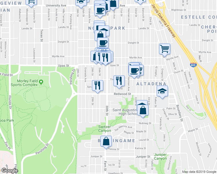 map of restaurants, bars, coffee shops, grocery stores, and more near 3005 Thorn Street in San Diego