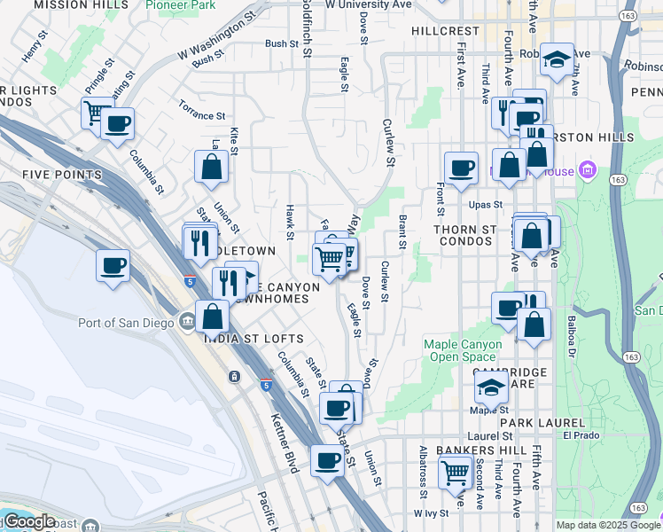 map of restaurants, bars, coffee shops, grocery stores, and more near 3207 Reynard Way in San Diego