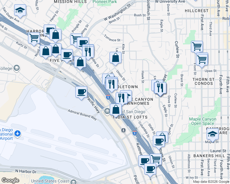 map of restaurants, bars, coffee shops, grocery stores, and more near in San Diego