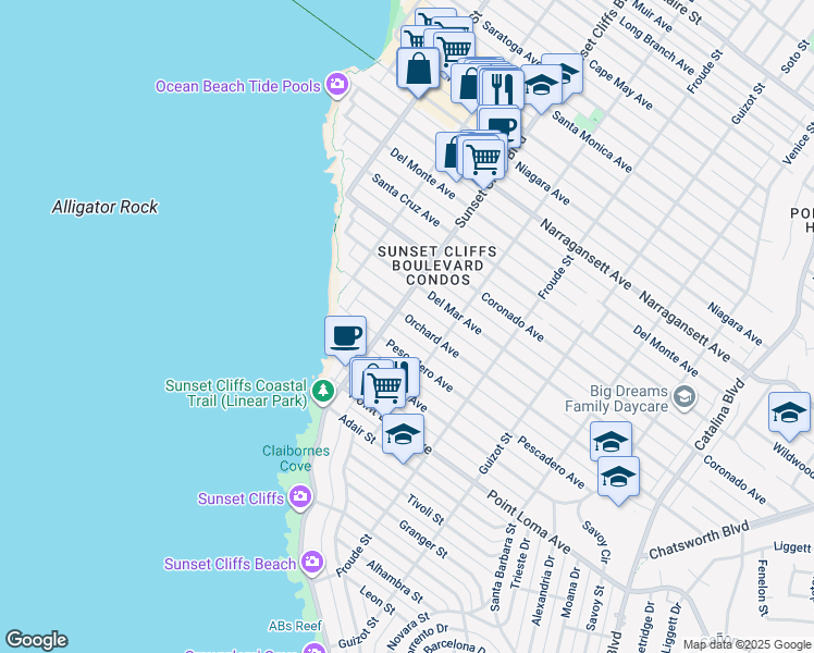 map of restaurants, bars, coffee shops, grocery stores, and more near 1563 Sunset Cliffs Boulevard in San Diego