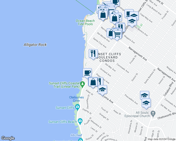 map of restaurants, bars, coffee shops, grocery stores, and more near 4898 Pescadero Avenue in San Diego