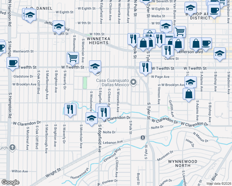 map of restaurants, bars, coffee shops, grocery stores, and more near 706 South Winnetka Avenue in Dallas