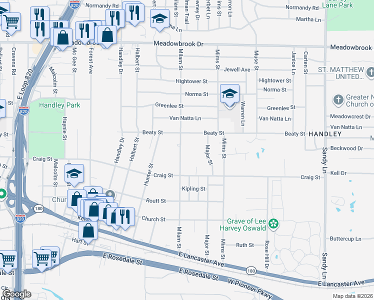 map of restaurants, bars, coffee shops, grocery stores, and more near 6912 Beaty Street in Fort Worth