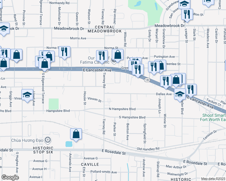 map of restaurants, bars, coffee shops, grocery stores, and more near 5200 East Lancaster Avenue in Fort Worth