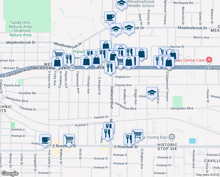 map of restaurants, bars, coffee shops, grocery stores, and more near 4205 Panola Avenue in Fort Worth