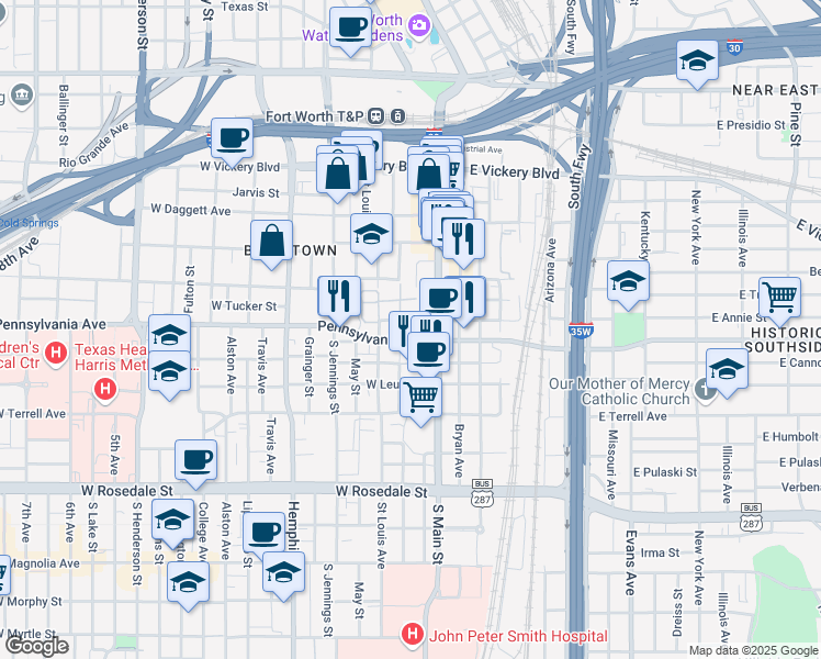 map of restaurants, bars, coffee shops, grocery stores, and more near 400 East Pennsylvania Avenue in Fort Worth