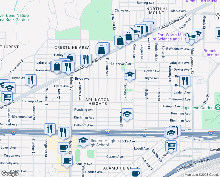 map of restaurants, bars, coffee shops, grocery stores, and more near 2108 Hillcrest Street in Fort Worth
