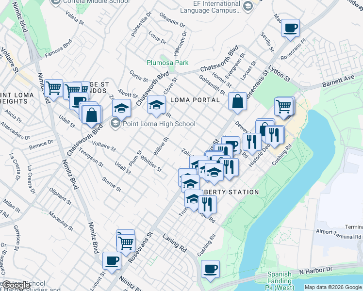 map of restaurants, bars, coffee shops, grocery stores, and more near 2409 Evergreen Street in San Diego