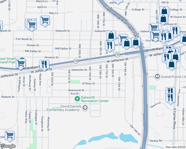 map of restaurants, bars, coffee shops, grocery stores, and more near 1837 Galveston Street in Grand Prairie