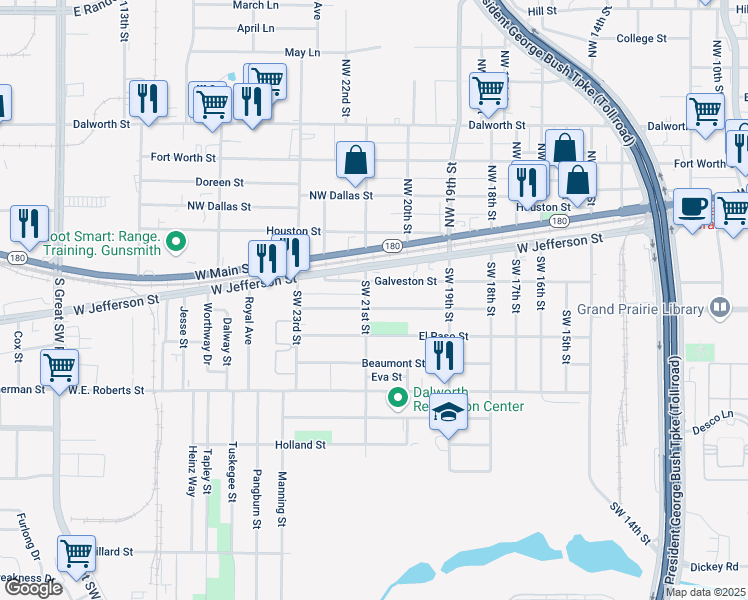 map of restaurants, bars, coffee shops, grocery stores, and more near 2027 Galveston Street in Grand Prairie