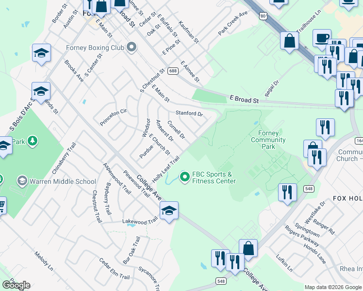 map of restaurants, bars, coffee shops, grocery stores, and more near 225 Cornell Drive in Forney