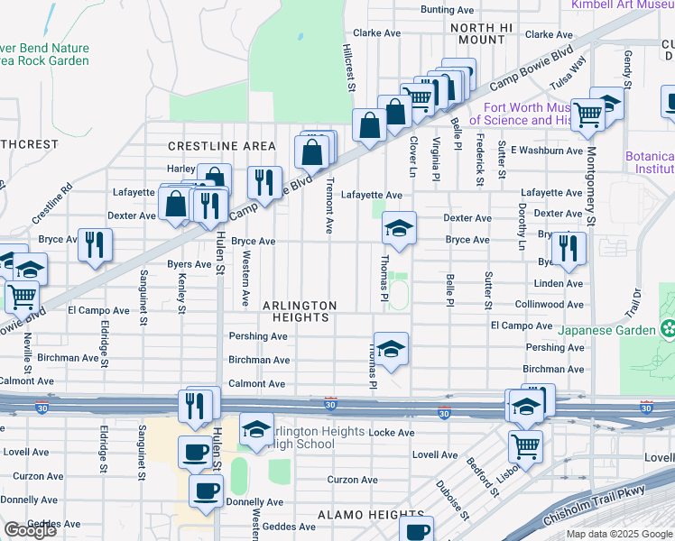 map of restaurants, bars, coffee shops, grocery stores, and more near 2108 Hillcrest Street in Fort Worth