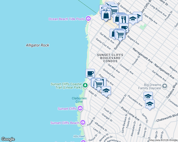map of restaurants, bars, coffee shops, grocery stores, and more near 1476-80 Pescadero Drive in San Diego