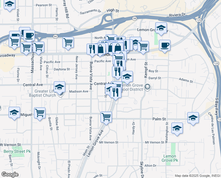 map of restaurants, bars, coffee shops, grocery stores, and more near 3018 Main Street in Lemon Grove