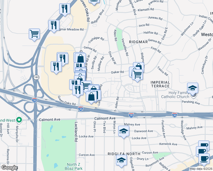 map of restaurants, bars, coffee shops, grocery stores, and more near 2201 Lands End Boulevard in Fort Worth